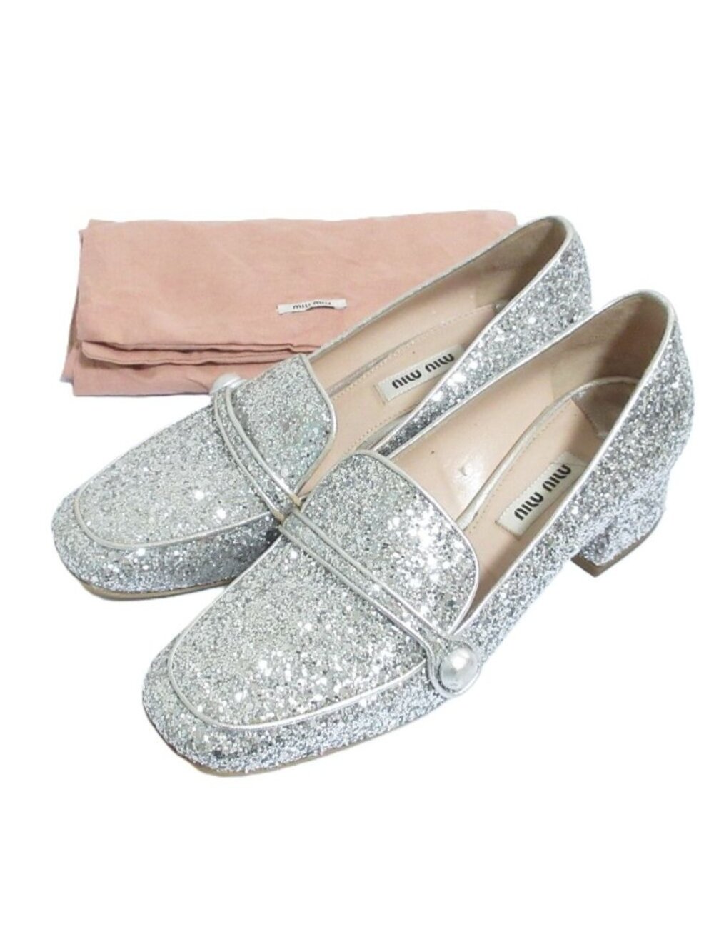 Miu Miu Glitter Chunky Heel Pumps Silver Colored